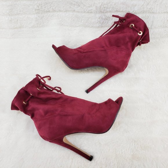 Burgundy Wine Red Drawstring Open Toe High Heel Ankle Boots - Picture 5 of 10